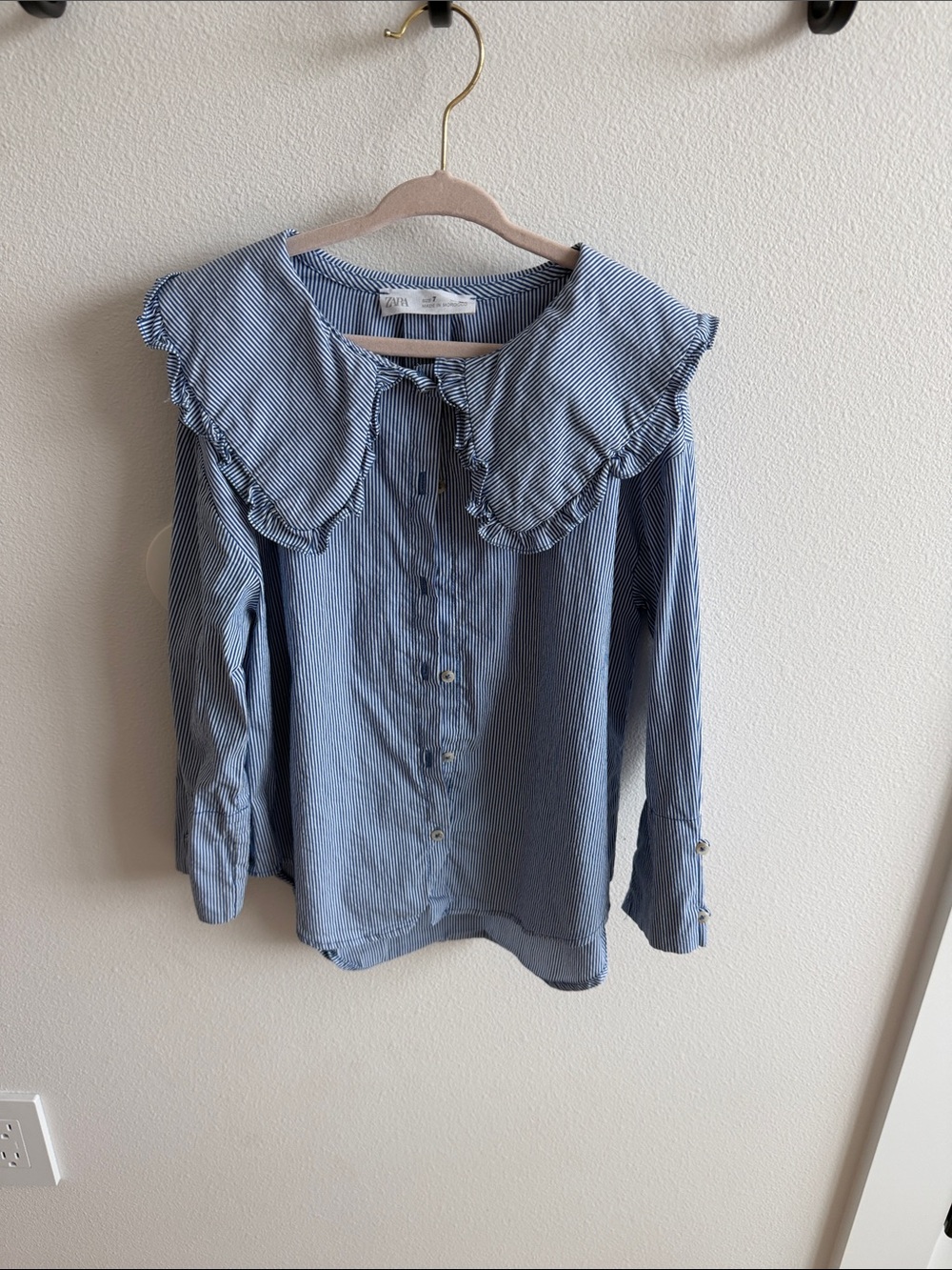Zara Blue Striped Ruffle-Collar Button-Down Blouse